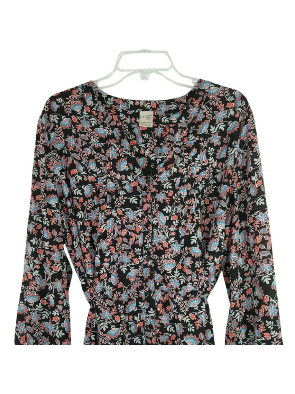 Terra and Sky Button Up Top Blouse Pintuck Tie Back Women Size 1X 16W 18W Black
